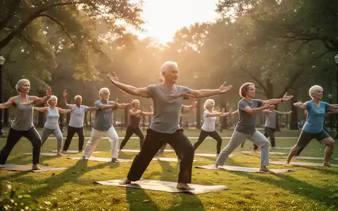 Eine vielfĂ€ltige Gruppe von Menschen praktiziert Yoga oder Tai Chi in einem ruhigen Park bei Sonnenaufgang, umgeben von BĂ€umen. - Foto: ĂŒber boerse-global.de