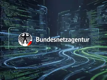Das Logo der Bundesnetzagentur über einer abstrakten Darstellung einer Gaming-Plattform-Benutzeroberfläche, die Datenflüsse zeigt. - Foto: über boerse-global.de