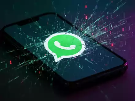Ein stilisiertes Smartphone mit einem verzerrten WhatsApp-Logo und digitalen Glitch-Effekten, die ein Datenleck andeuten. - Foto: über boerse-global.de