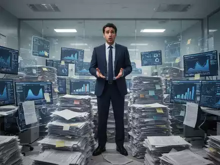 Ein Geschäftsmann steht vor einem hohen Stapel von Dokumenten und Bildschirmen, die komplexe Daten anzeigen, symbolisierend bürokratische Überlastung. - Foto: über boerse-global.de