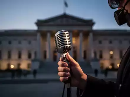 Eine Hand hält ein Mikrofon vor einem unscharfen Regierungsgebäude in der Abenddämmerung, das die Informationsrechte der Medien symbolisiert. - Foto: über boerse-global.de