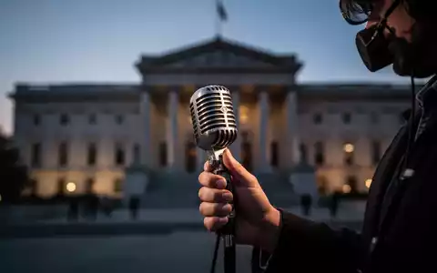 Eine Hand hält ein Mikrofon vor einem unscharfen Regierungsgebäude in der Abenddämmerung, das die Informationsrechte der Medien symbolisiert. - Foto: über boerse-global.de