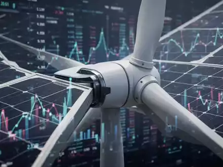 Nahaufnahme eines modernen Solarmoduls oder Windturbinenbauteils mit unscharfen Finanzdaten im Hintergrund, symbolisiert eine 2,2-Gigawatt-Pipeline. - Foto: über boerse-global.de
