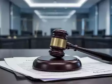 Ein Richterhammer liegt auf juristischen Dokumenten auf einem Tisch, mit einem unscharfen Hintergrund eines Gerichtssaals. - Foto: ĂŒber boerse-global.de