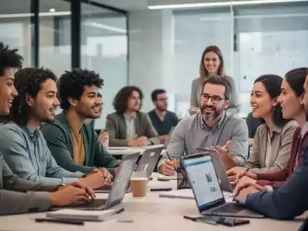 Eine Gruppe Erwachsener in einem modernen Klassenzimmer, die aktiv an einer Diskussion teilnehmen, während ein Lehrer sie anleitet. - Foto: über boerse-global.de