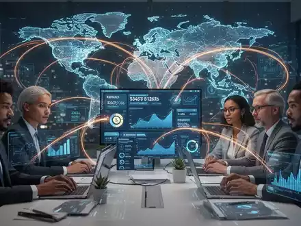 Global professionals collaborating virtually, with digital interfaces displaying stablecoin transactions and data visualizations, symbolizing cross-border settlements. - Foto: über boerse-global.de
