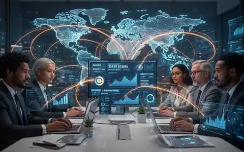 Global professionals collaborating virtually, with digital interfaces displaying stablecoin transactions and data visualizations, symbolizing cross-border settlements. - Foto: über boerse-global.de