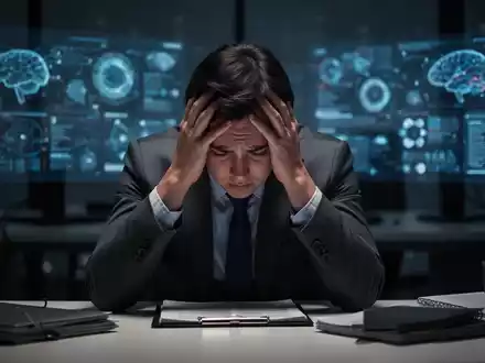 Eine gestresste Person mit dem Kopf in den Händen an einem Schreibtisch, verschwommener Bürohintergrund mit digitalen Schnittstellen. - Foto: über boerse-global.de
