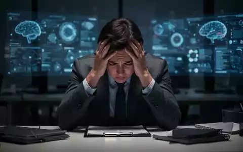 Eine gestresste Person mit dem Kopf in den Händen an einem Schreibtisch, verschwommener Bürohintergrund mit digitalen Schnittstellen. - Foto: über boerse-global.de