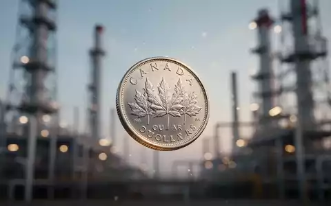 Eine einzelne kanadische Dollarmünze, die vor einem unscharfen Hintergrund von Energieinfrastruktur aufsteigt. - Foto: über boerse-global.de