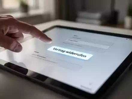 Ein Finger kurz davor, einen leuchtenden „Vertrag widerrufen“-Button auf einem Tablet-Bildschirm zu drücken. - Foto: über boerse-global.de