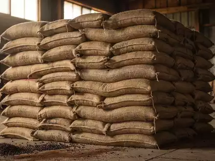 Ein großer, ordentlich gestapelter Haufen Jutesäcke gefüllt mit Kaffeebohnen in einem rustikalen Lagerhaus. - Foto: über boerse-global.de