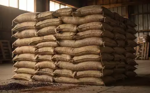 Ein groĂer, ordentlich gestapelter Haufen JutesĂ€cke gefĂŒllt mit Kaffeebohnen in einem rustikalen Lagerhaus. - Foto: ĂŒber boerse-global.de