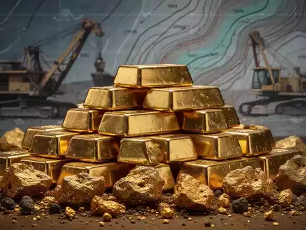 Ein glänzender Haufen Goldbarren und roher Goldnuggets mit angedeuteter Bergbauausrüstung im Hintergrund. - Foto: über boerse-global.de