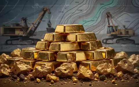 Ein glänzender Haufen Goldbarren und roher Goldnuggets mit angedeuteter Bergbauausrüstung im Hintergrund. - Foto: über boerse-global.de