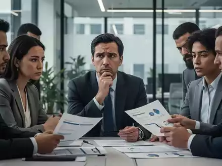 Eine nachdenkliche Person am Schreibtisch, umgeben von Kollegen, die Dokumente in einem modernen Büro besprechen. - Foto: über boerse-global.de