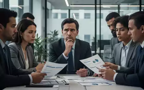 Eine nachdenkliche Person am Schreibtisch, umgeben von Kollegen, die Dokumente in einem modernen Büro besprechen. - Foto: über boerse-global.de
