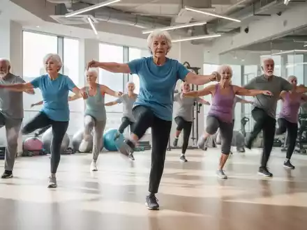 Senioren über 55 Jahren machen Gleichgewichts- und Kraftübungen in einem hellen Fitnessstudio. - Foto: über boerse-global.de