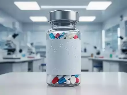 Eine Nahaufnahme einer stilisierten pharmazeutischen Pillenflasche vor dem unscharfen Hintergrund eines modernen Labors. - Foto: über boerse-global.de