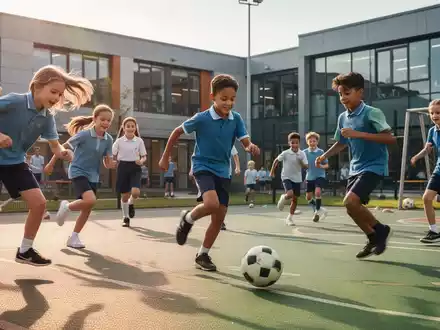 Eine vielfältige Gruppe von Kindern und Jugendlichen beim Sport im Freien auf einem modernen Schulhof, die Energie und Gesundheit ausstrahlt. - Foto: über boerse-global.de