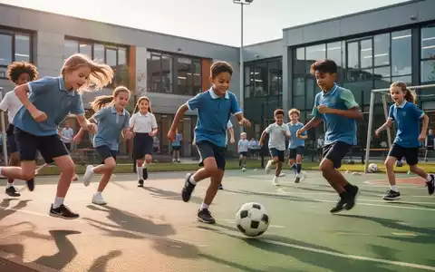 Eine vielfältige Gruppe von Kindern und Jugendlichen beim Sport im Freien auf einem modernen Schulhof, die Energie und Gesundheit ausstrahlt. - Foto: über boerse-global.de
