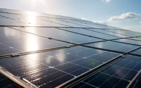 Nahaufnahme einer Solaranlage, die einen hellen Himmel widerspiegelt, mit Sonnenstrahlen, die auf die Zellen treffen. - Foto: über boerse-global.de