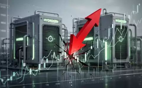 Ein roter Pfeil zeigt auf einem digitalen Kursdiagramm nach unten, im Hintergrund eine Wasserstoffanlage. - Foto: über boerse-global.de