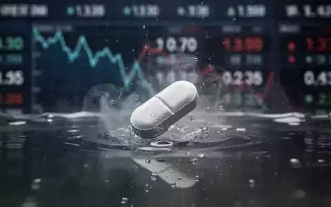 Eine einzelne pharmazeutische Pille löst sich in Wasser auf, im Hintergrund ein unscharfer Börsenticker mit Abwärtstrend. - Foto: über boerse-global.de