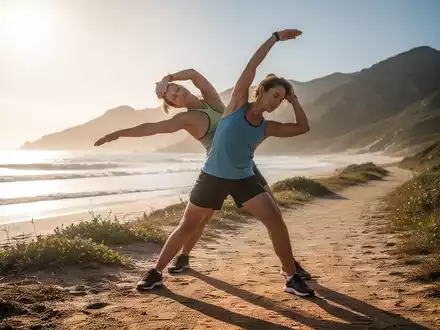 Eine Person dehnt ihren Rücken an einem sonnigen Strand oder Bergpfad, symbolisierend Bewegung und Rückengesundheit im Urlaub. - Foto: über boerse-global.de