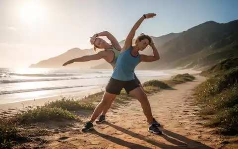 Eine Person dehnt ihren Rücken an einem sonnigen Strand oder Bergpfad, symbolisierend Bewegung und Rückengesundheit im Urlaub. - Foto: über boerse-global.de