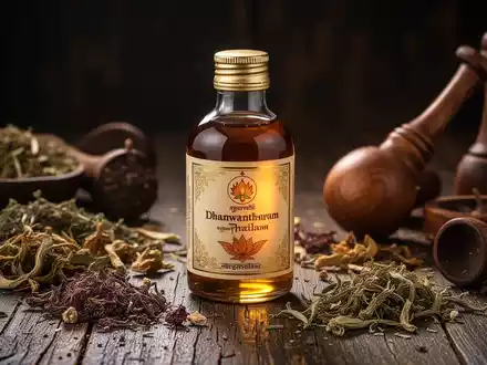 Eine Flasche Dhanwantharam Thailam Öl umgeben von ayurvedischen Kräutern und Instrumenten auf Holzgrund. - Foto: über boerse-global.de