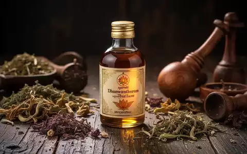 Eine Flasche Dhanwantharam Thailam Öl umgeben von ayurvedischen Kräutern und Instrumenten auf Holzgrund. - Foto: über boerse-global.de