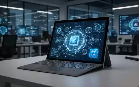 A close-up of a Microsoft Surface Pro laptop, open and displaying AI-themed graphics, in a sophisticated office setting. - Foto: über boerse-global.de