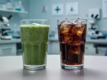 Ein Glas Smoothie und ein Glas Limonade stehen nebeneinander auf einem Tisch, mit unscharfem Hintergrund eines Labors. - Foto: über boerse-global.de