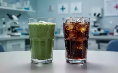 Ein Glas Smoothie und ein Glas Limonade stehen nebeneinander auf einem Tisch, mit unscharfem Hintergrund eines Labors. - Foto: über boerse-global.de