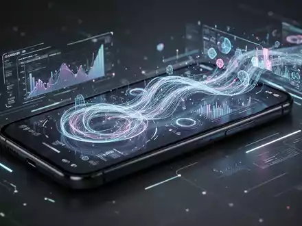 A close-up of a smartphone screen displaying a futuristic user interface with glowing, abstract AI elements and data streams. - Foto: über boerse-global.de