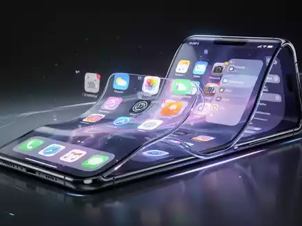 A sleek, partially folded smartphone displaying a vibrant iOS interface in landscape mode, with app icons and a sidebar navigation. - Foto: über boerse-global.de