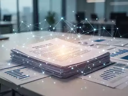 Ein stilisierter digitaler Netzwerk-Overlay über einem Stapel von Rechtsdokumenten und Finanzberichten auf einem modernen Schreibtisch. - Foto: über boerse-global.de