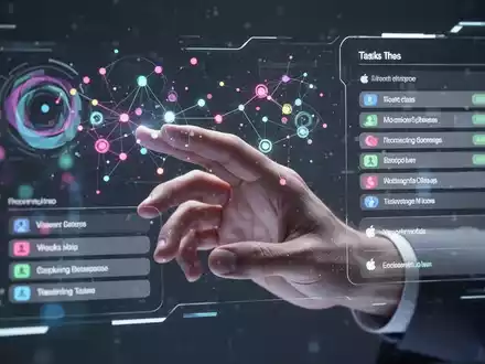 A hand interacts with a holographic interface showing abstract data, symbolizing AI-enhanced task management and Apple technology. - Foto: über boerse-global.de