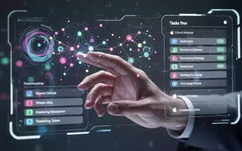 A hand interacts with a holographic interface showing abstract data, symbolizing AI-enhanced task management and Apple technology. - Foto: über boerse-global.de