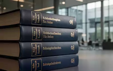 Ein Stapel deutscher Gesetzbücher zum Steuerrecht, mit unscharfem Hintergrund eines modernen Bürogebäudes. - Foto: über boerse-global.de