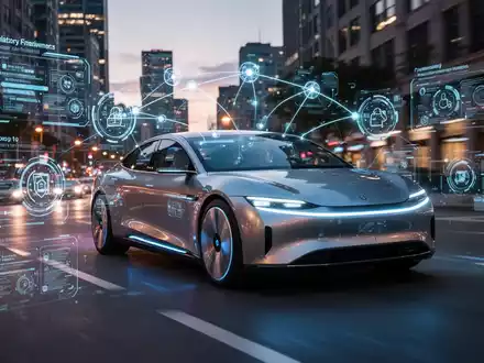 An autonomous car driving on a city street at dusk, with digital overlays symbolizing regulatory data and connectivity. - Foto: über boerse-global.de