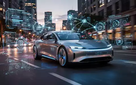 An autonomous car driving on a city street at dusk, with digital overlays symbolizing regulatory data and connectivity. - Foto: über boerse-global.de