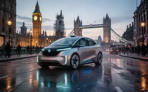 Ein futuristisches Robotaxi fährt durch eine belebte Londoner Straße bei Dämmerung, mit ikonischen Wahrzeichen im Hintergrund. - Foto: über boerse-global.de