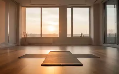 Eine ruhige, minimalistische Yoga-Studio-Szene bei Sonnenaufgang, mit einer einzelnen Yogamatte, die von weichem, natürlichem Licht beleuchtet wird. - Foto: über boerse-global.de