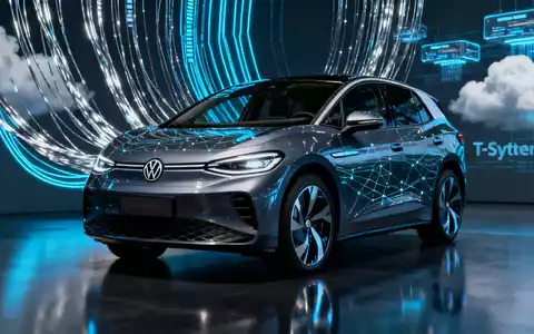 Ein modernes Elektrofahrzeug von Volkswagen, das digitale Netzwerklinien widerspiegelt, mit abstrakten Datenströmen im Hintergrund. - Foto: über boerse-global.de