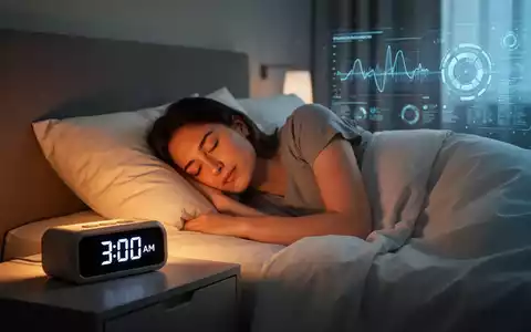 Eine Person schläft friedlich in einem ruhigen Schlafzimmer, beleuchtet von sanftem Licht eines digitalen Weckers und futuristischen Gesundheitsmonitoren. - Foto: über boerse-global.de