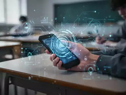 Eine Hand hält heimlich ein Smartphone unter einem Schreibtisch während einer Prüfung, mit einer unscharfen KI-Oberfläche darüber. - Foto: über boerse-global.de