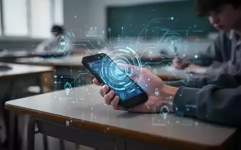 Eine Hand hält heimlich ein Smartphone unter einem Schreibtisch während einer Prüfung, mit einer unscharfen KI-Oberfläche darüber. - Foto: über boerse-global.de