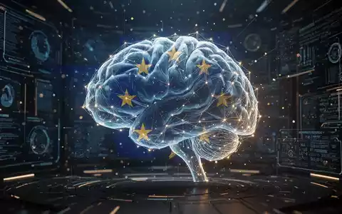Ein stilisiertes, leuchtendes digitales Gehirn mit vernetzten Linien und Punkten, überlagert mit abstrakten EU-Flaggen-Elementen. - Foto: über boerse-global.de